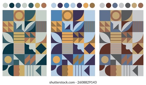 Abstract geometric shapes. Brutal modern figure, circles, rectangles, petals, semicircles and other primitive elements. Swiss design aesthetics. Vector illustration