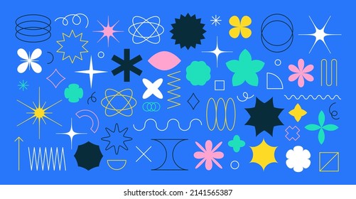 Abstract geometric shapes, brutalism forms, memphis geometric elements. Trendy minimalist basic figures, stars, lines and circles, modern graphic design element vector set