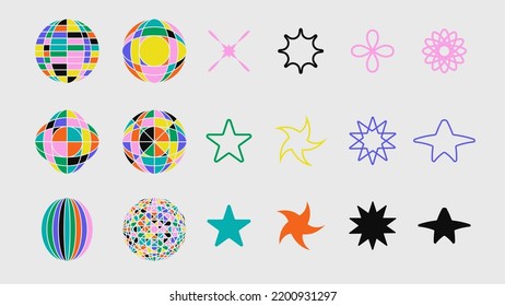 Abstract geometric shapes, brutalism forms, memphis geometric elements. Trendy minimalist basic figures, stars, lines and circles, modern graphic design element vector set. Vector illustration