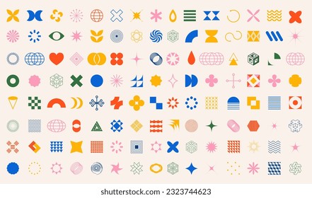 Abstract geometric shapes, brutalism forms, memphis geometric elements. Trendy minimalist basic figures, stars, lines and circles, modern graphic design element vector set