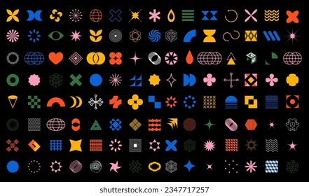 Abstract geometric shapes, brutalism forms, memphis geometric elements. Trendy minimalist basic figures, stars, lines and circles, modern graphic design element vector set.