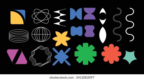 Resumen de formas geométricas, formas de brutalismo, elementos geométricos Memphis, figuras básicas minimalistas, estrellas, líneas y círculos, conjunto de elementos de diseño gráfico moderno 