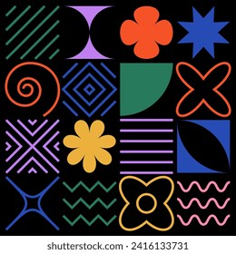 Formas geométricas abstractas, formas de brutalismo, elementos geométricos. Figuras básicas minimalistas de moda, estrellas, líneas y círculos, conjunto de elementos de diseño gráfico moderno vectorial