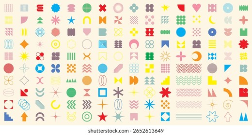 Abstract geometric shapes, brutalism forms, memphis geometric elements. Trendy minimalist basic figures, stars, lines and circles, modern graphic design element vector set.