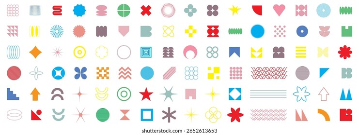 Abstract geometric shapes, brutalism forms, memphis geometric elements. Trendy minimalist basic figures, stars, lines and circles, modern graphic design element vector set.