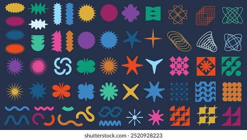 Abstract geometric shapes. Brutalist badge, minimalist figures, star sticker shape, patterns and wave line forms. Brutal Swiss design trendy aesthetic vector elements set.