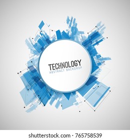 Abstract geometric shapes and chaotic particles isolated temple for business. White circle with text on blue vector elements vector illustration
