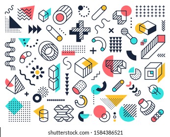 Abstract geometric shapes. Circle and triangle, graphic 90s funky memphis ornaments, abstract design elements. Retro constructivism symbols vector isolated symbols collection. Contemporary background