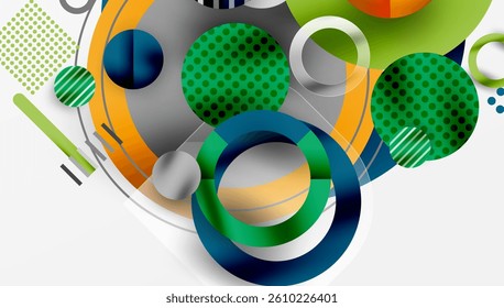 Abstract geometric shapes, circles, lines, dots. Vibrant colors, green, blue, orange, gray. Modern design, dynamic composition, overlapping elements.