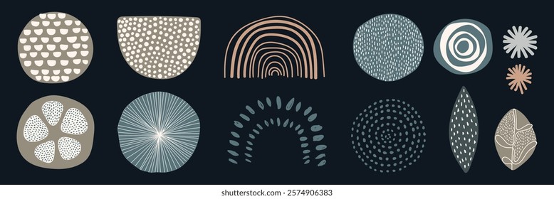 Abstract geometric shapes, circles, and patterns in earthy tones. Repeated shapes, repeated patterns, and geometric designs create a modern, abstract look. Memphis elements, vector set.