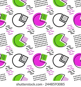 Abstract geometric shapes, circles, squares, triangles, strokes, dots, squiggles in Memphis style, colorful green pink seamless modern trendy dynamic moving pattern