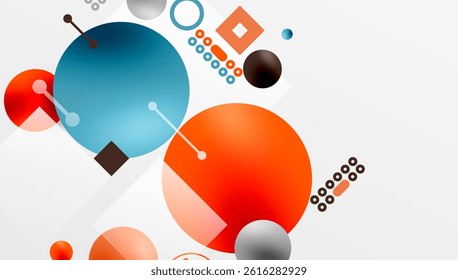 Abstract geometric shapes, circles, squares, lines. Minimalist design with vibrant colors, modern aesthetic. Clean composition.