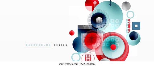 Formas geométricas Abstractas, círculos, cuadrados, tonos rojos y azules. Los Elementos de diseño modernos crean composiciones dinámicas. Estilo minimalista.