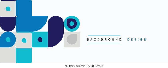 Abstract geometric shapes, circles, squares, varying blues, gray tones. Minimalist design, clean aesthetic, simple composition.