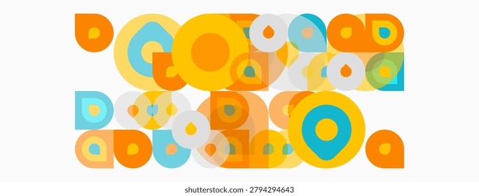 Abstract geometric shapes, circles, squares, rectangles overlap. Bright colorsorange, blue, yellowcreate playful composition. Modern design.