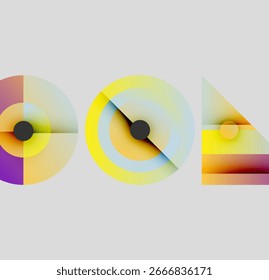 Abstract geometric shapes, circles, triangle, colorful gradients, black centers. Minimalist design, modern aesthetic, soft hues.