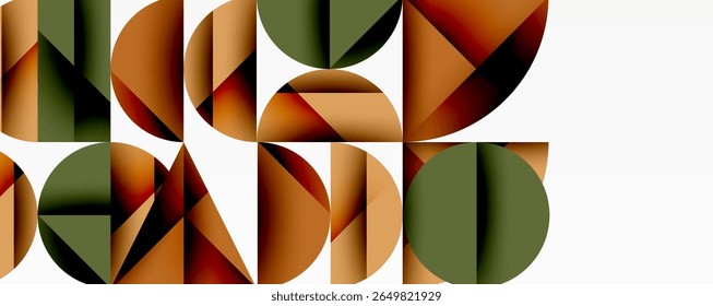Abstract geometric shapes, circles, triangles, warm earthy tones dominate composition. Minimalist design, modern aesthetic, clean lines present.