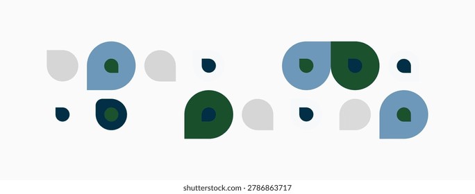 Abstract geometric shapes, circles, varying shades green, blue, gray. Minimalist design, simple composition, clean aesthetic.