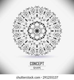 Abstract geometric shapes from circular dots and triangles connected by a molecular lattice mesh structure.