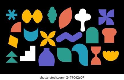 Formas Geométricas Abstractas Colección Diseño Brutal con Estética Suiza, Con Estrellas, Flores, Espirales y Elementos Primitivos. Perfecto para estampados y decoración de estilo retro Groovy.