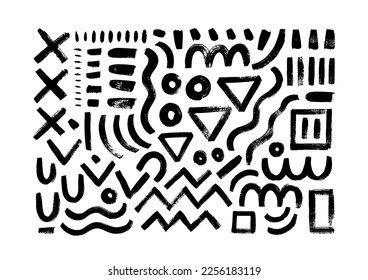 Abstract geometric shapes collection. Chaotic ink brush scribbles decorative elements isolated on white background. Geometric vector shapes like curved lines, triangles, circles, rectangles.