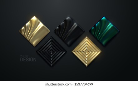 Abstract geometric shapes collection. Vector 3d illustration. Golden, black and green mosaic square shapes. Polygonal tiles backdrop. Vintage decoration elements for interior design