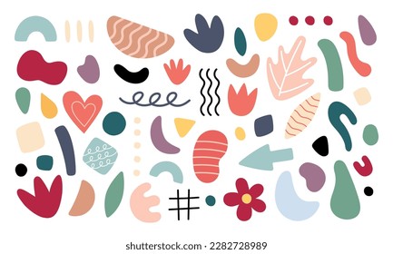 Abstrakte Kollektion geometrischer Formen. Vektor Hand hat verschiedene Formen und doodle Objekte gezeichnet. Abstrakter zeitgenössischer Stil. Trendy farbige Illustration. Stempelstruktur.