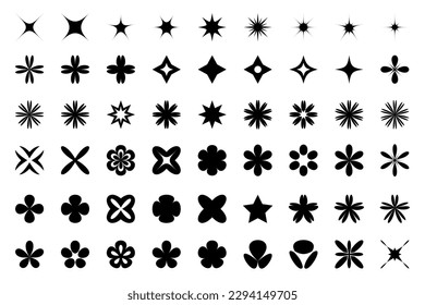 Abstract geometric shapes collection. Vector set of different brutalist minimalistic black design elements. Contemporary aesthetic basic Y2K figures - stars, crosses and flowers silhouettes. 