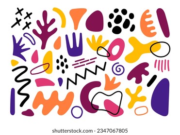 Abstract geometric shapes Collection. Vector Hand drawn various shapes and doodle objects. Abstract contemporary modern style set. Trendy colorfull illustration. Stamp texture.