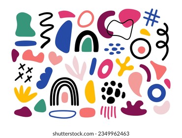 Abstract geometric shapes Collection. Vector Hand drawn various shapes and doodle objects. Abstract contemporary modern style set. Trendy colorfull illustration. Stamp texture.