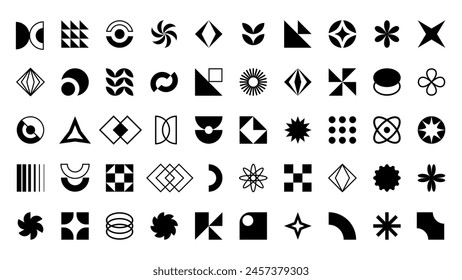 colección de Formas geométricas Abstractas. Conjunto de Vector de diferentes brutales Elementos de diseño negros minimalistas aislados sobre fondo blanco. Cifras básicas de la estética contemporánea Y2K