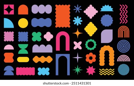 Abstract geometric shapes. Colorful modern brutal forms and figures on black background