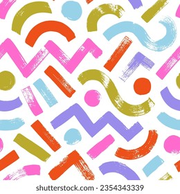 Abstract geometric shapes colorful seamless pattern. Geometric textured repeat background. Grunge circles, straight stripes, curved bold lines and zigzags. Trendy texture design with basic shapes.