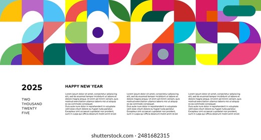 Formas geométricas Abstractas combinación 2025 Feliz Año Nuevo Anuncio Horizontal. Cartel gráfico de estilo retro de decoración de celebración. Arte moderno festivo. Impresión de EPS simple vintage de color