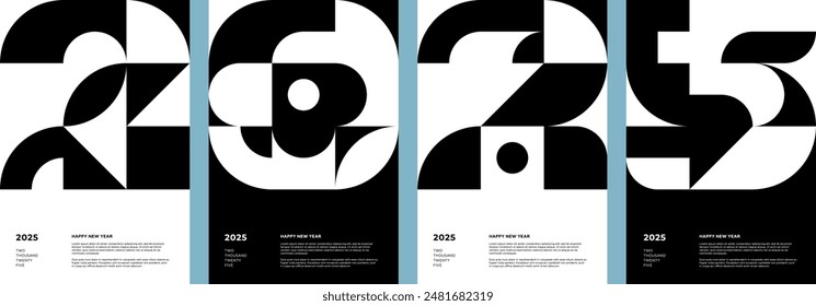Abstract geometric shapes combination 2025 Happy New Year poster set. Graphic retro style celebration decoration patterns. Modern trendy paintings. Festive black simple vector eps prints