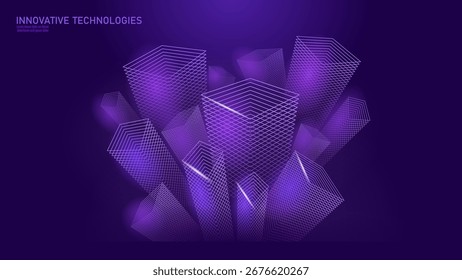 Abstract geometric shapes composition. Polygonal structure contemporary wireframe design. Future science technology digital innovation presentation. Dark purple gradient backdrop polygonal vector
