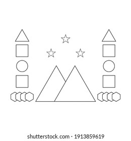 Abstract geometric shapes consist of circles, triangles, squares, hexagons, stars on white background.