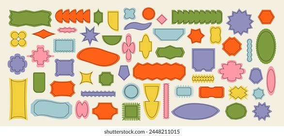 Abstract geometric shapes, cool Y2K retro badges vector design. Sticker label elements, minimal frame patch
