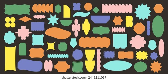 Abstract geometric shapes, cool Y2K retro badges vector design. Sticker label elements, minimal frame patch