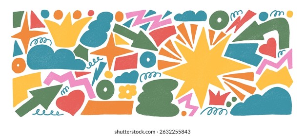 Abstract geometric shapes crayon drawn set. Stars, crown, arrows and vector figures by pencil. Organic colorful playful stickers doodle isolated on white background. Graphic hand drawn fun elements.