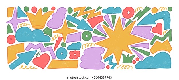 Abstract geometric shapes crayon drawn set. Stars, crown, arrows and vector figures by pencil Organic colorful playful stickers doodle isolated on white background. Graphic hand drawn funky elements.