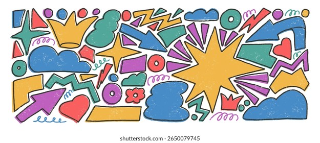 Abstract geometric shapes crayon drawn set. Clouds, crown, arrows and vector figures by pencil. Colorful playful stickers doodle isolated on white background. Graphic hand drawn funky elements.