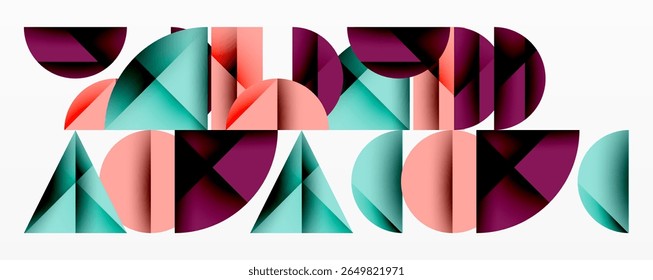 Abstract geometric shapes create colorful composition. Modern design features overlapping forms, vibrant hues, clean lines.