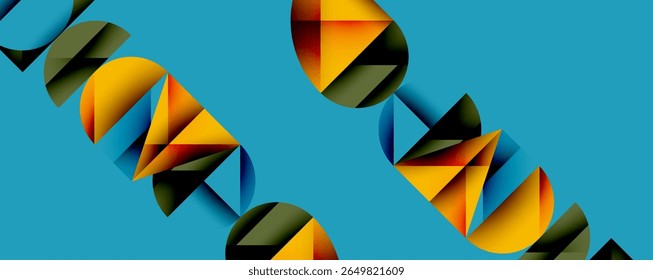 Formas geométricas abstratas criam composição dinâmica. As cores quentes contrastam o fundo azul frio. Design moderno, linhas limpas, harmonia visual.