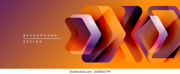 Abstract geometric shapes create vibrant orange, purple gradient banner. Modern design suggests technology, innovation, energy.