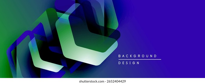 Abstract geometric shapes create vibrant background. Blue, green hues dominate design, suggesting depth, modernity. Minimal text present.