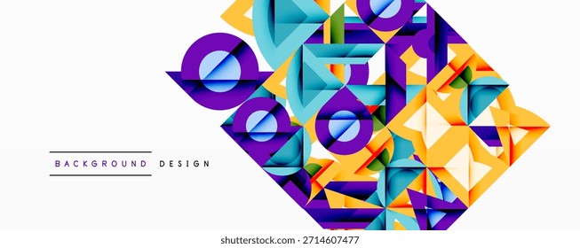 Abstract geometric shapes create vibrant design. Colorful triangles, squares, circles overlap forming modern pattern. Background suggests digital art.