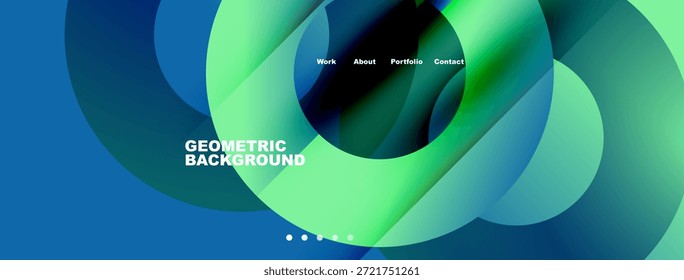 Las Formas geométricas Abstractas crean un fondo vibrante. Menú de navegación presente con texto, trabajo, acerca, Cartera, contacto. Diseño moderno.