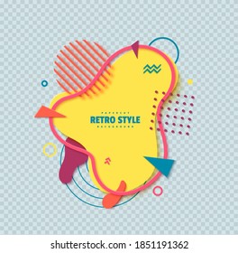 Abstract geometric shapes in cut paper style. Creative flyer Memphis 80s 90s retro element layered bubbles cut out of cardboard. Modern vector banner template with liquid color wavy splash.