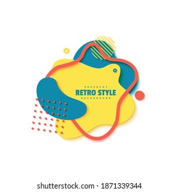 Abstract geometric shapes in cut paper style. Creative flyer Memphis 80s 90s retro element layered bubbles cut out of cardboard. Modern vector banner template with liquid color wavy splash.